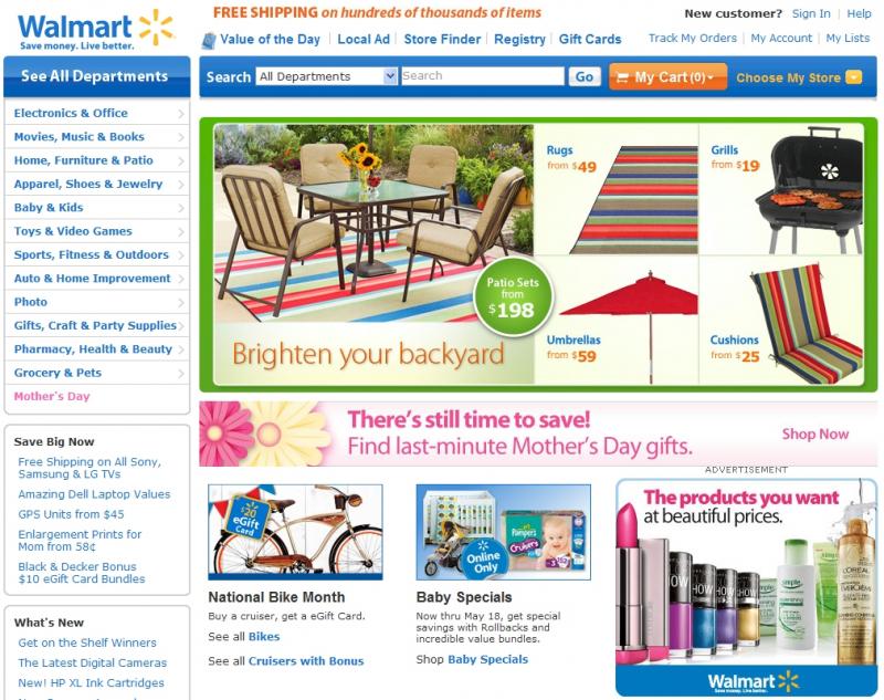 Walmart one of America's largest retailers has one of the largest selections of Apparel, Auto & Tires, Baby, Beauty, Books, Craft & Party Supply, Electronics, Grocery, Health, Home, Home Improvement, Jewelry, Movies & TV, Music, Patio & Garden, Pets, Pharmacy, Photo Center, Sports & Outdoors, Toys, Video Games and more. Shop online and save money to live better, at Walmart.com.